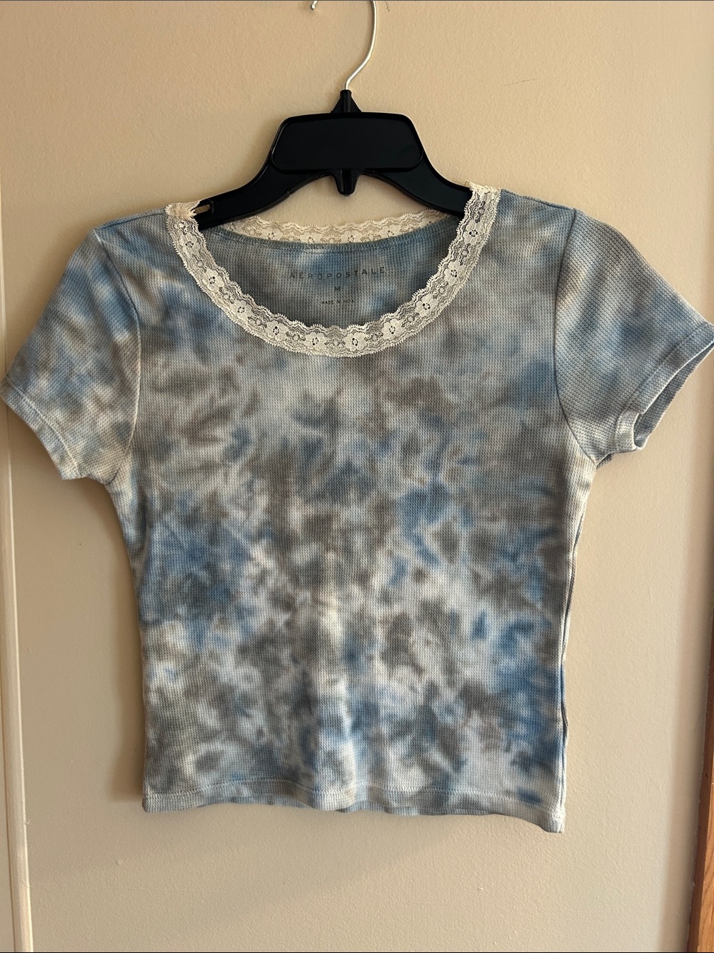 Blue and Gray Tie-Dye Short Sleeve Tee with Lace Trim - Picture 1 of 3